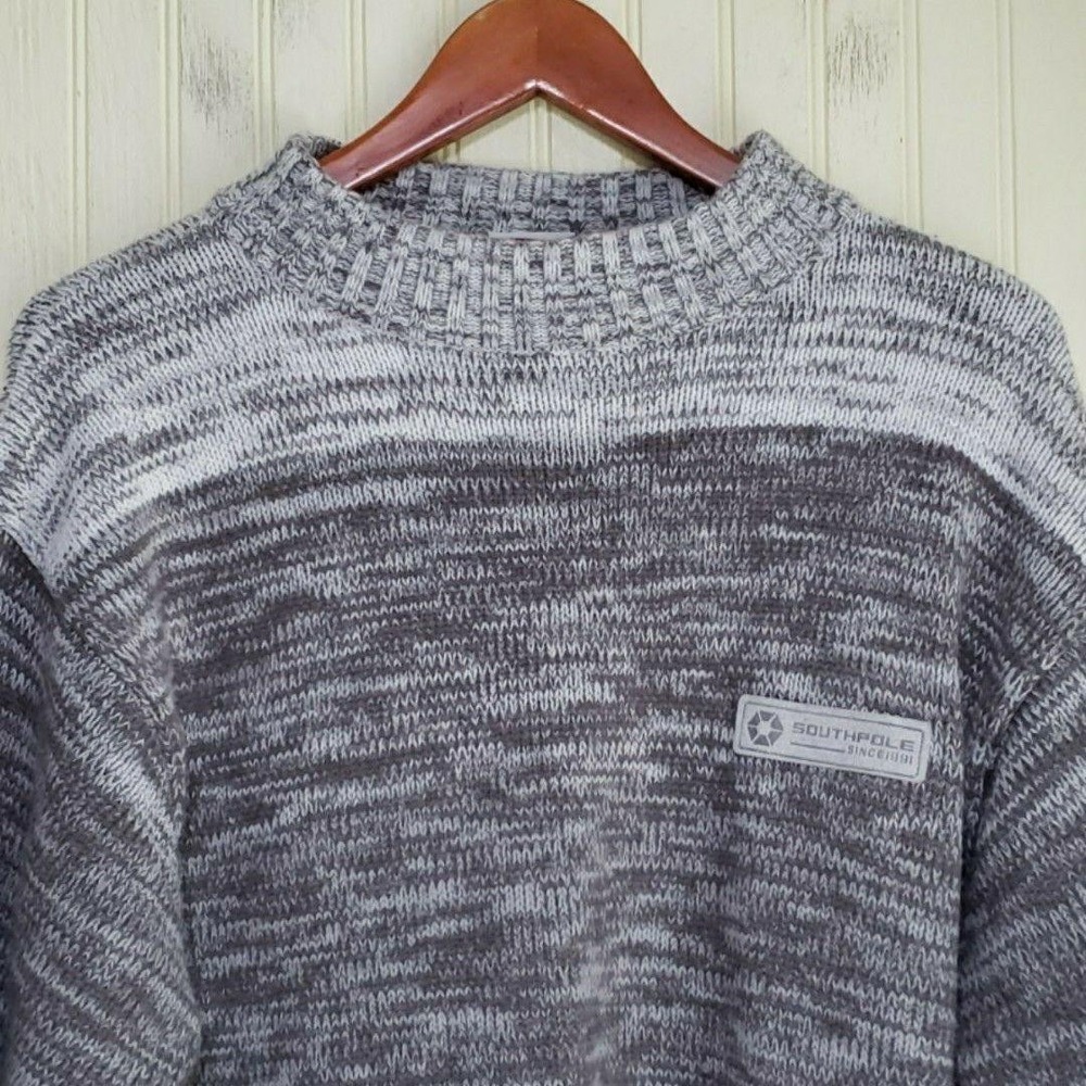 Southpole Sweater Mens Large Gray Chunky Knit Heavyweight Crewneck Pullover Logo